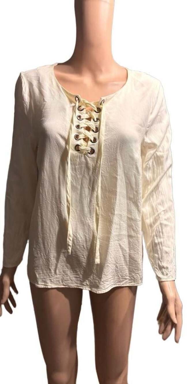 Kensie Cream Long Sleeve Lace-Up Front Blouse Top Size L